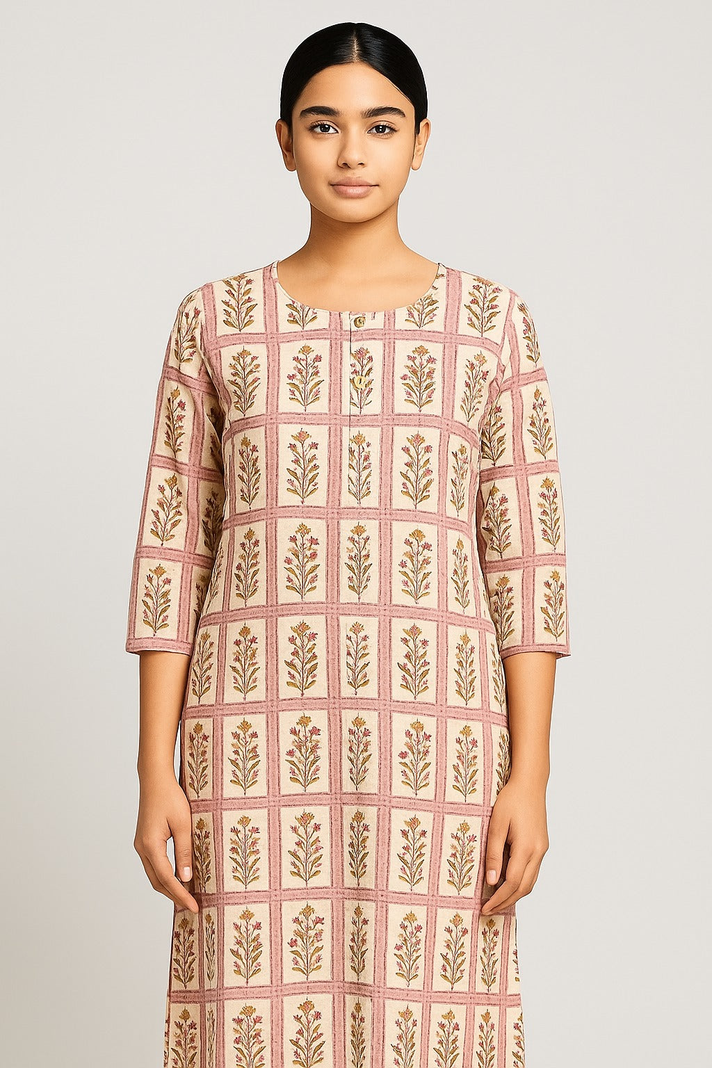 Contemporary Beige & Pink Grid Block Print Kurta