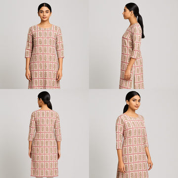 Contemporary Beige & Pink Grid Block Print Kurta