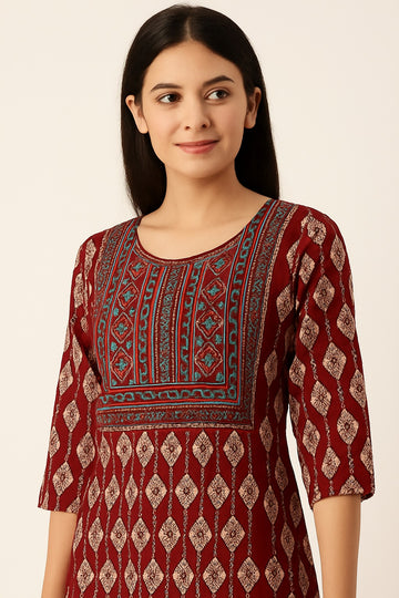 Elegant Maroon Geometric Printed Kurta with Embroidered Neckline
