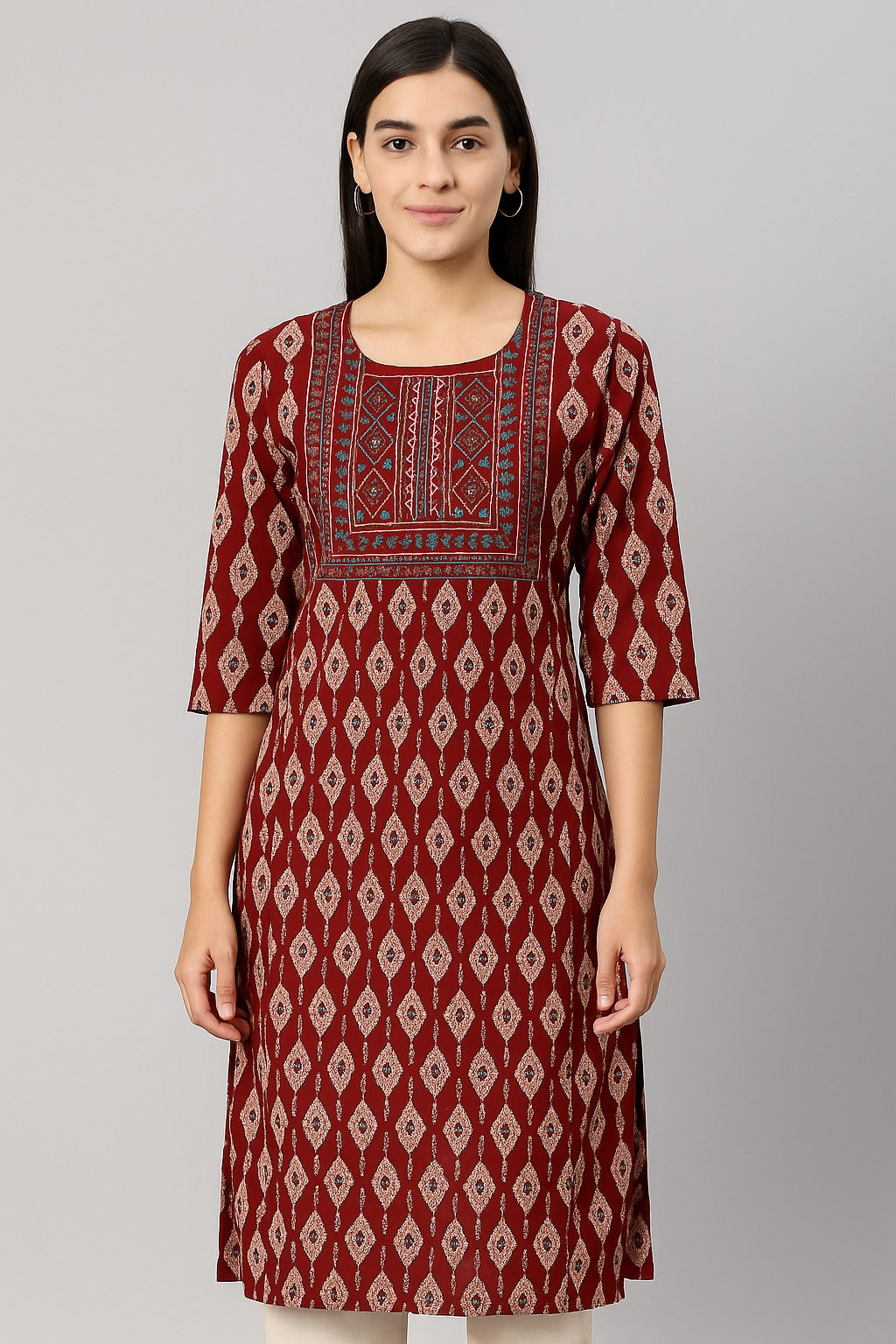 Elegant Maroon Geometric Printed Kurta with Embroidered Neckline